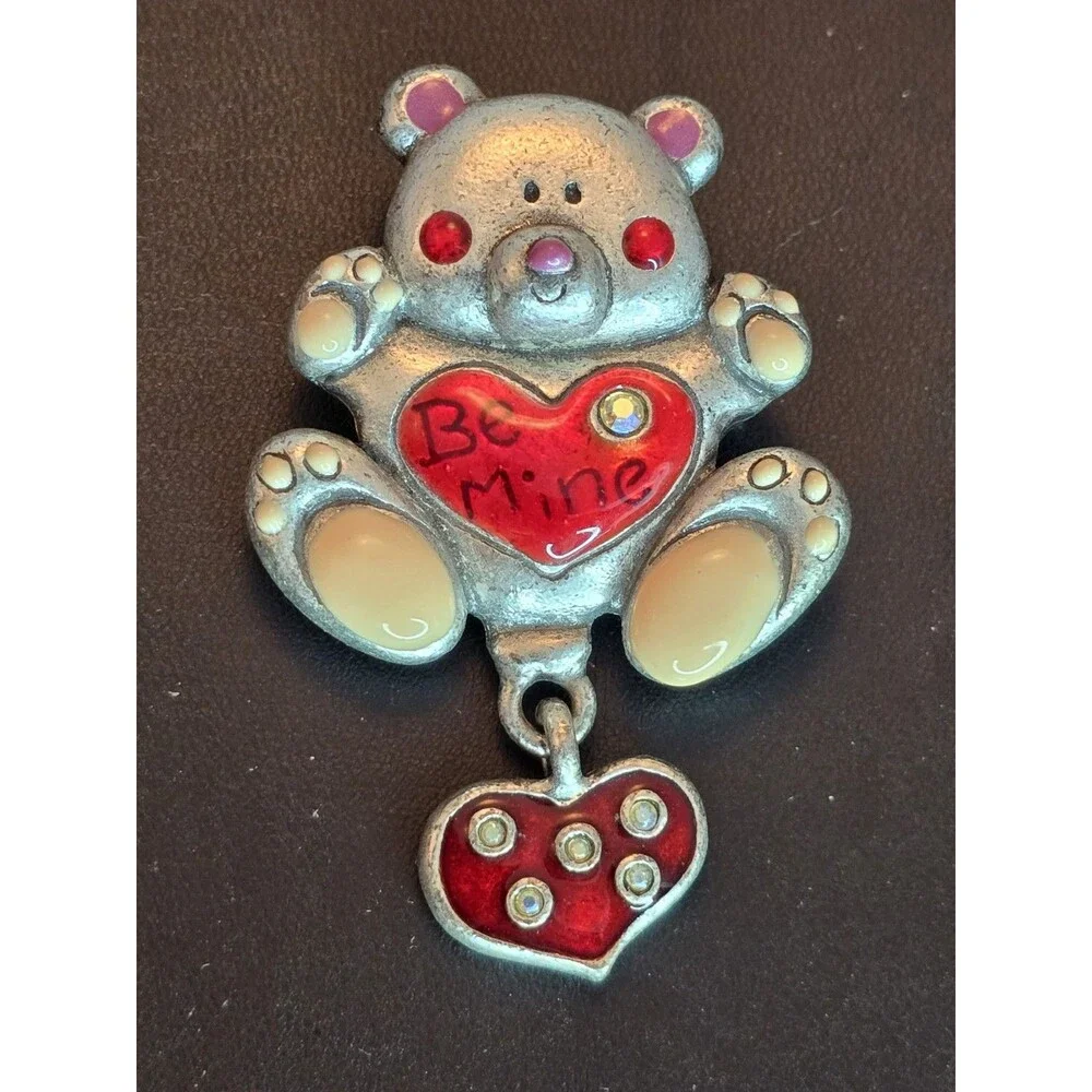 Vintage AJMO Teddy Bear Brooch Be Mine Articulated Dangle Heart Mothers Day Gift